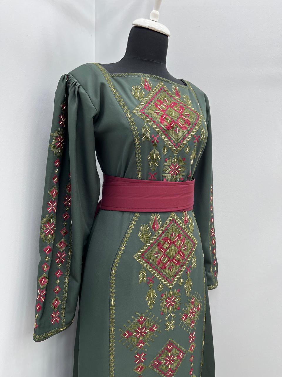 Hand-Beaded Thoub/Dress - Olive Green