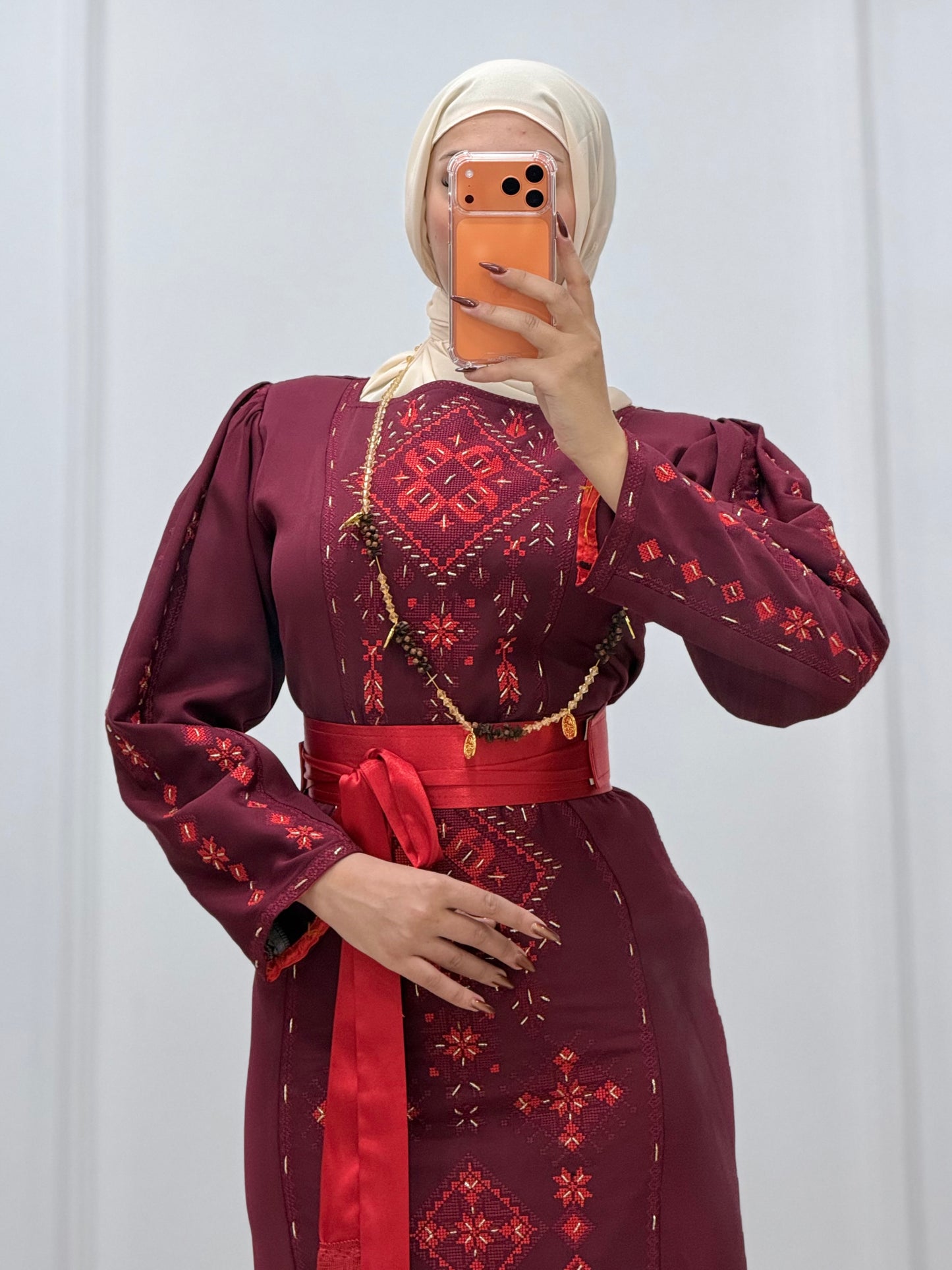 Hand-Beaded Thoub/Dress - Burgundy