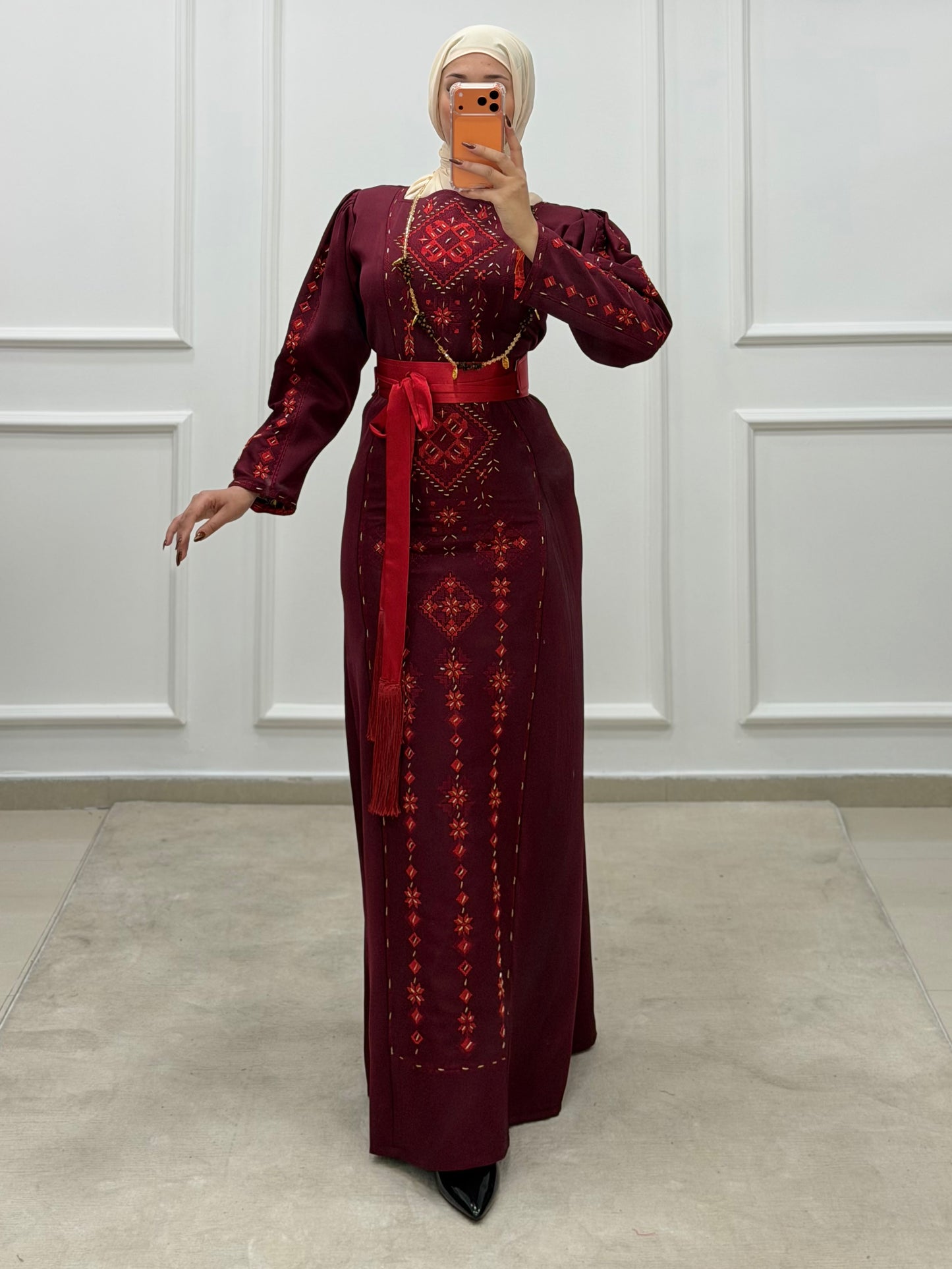 Hand-Beaded Thoub/Dress - Burgundy