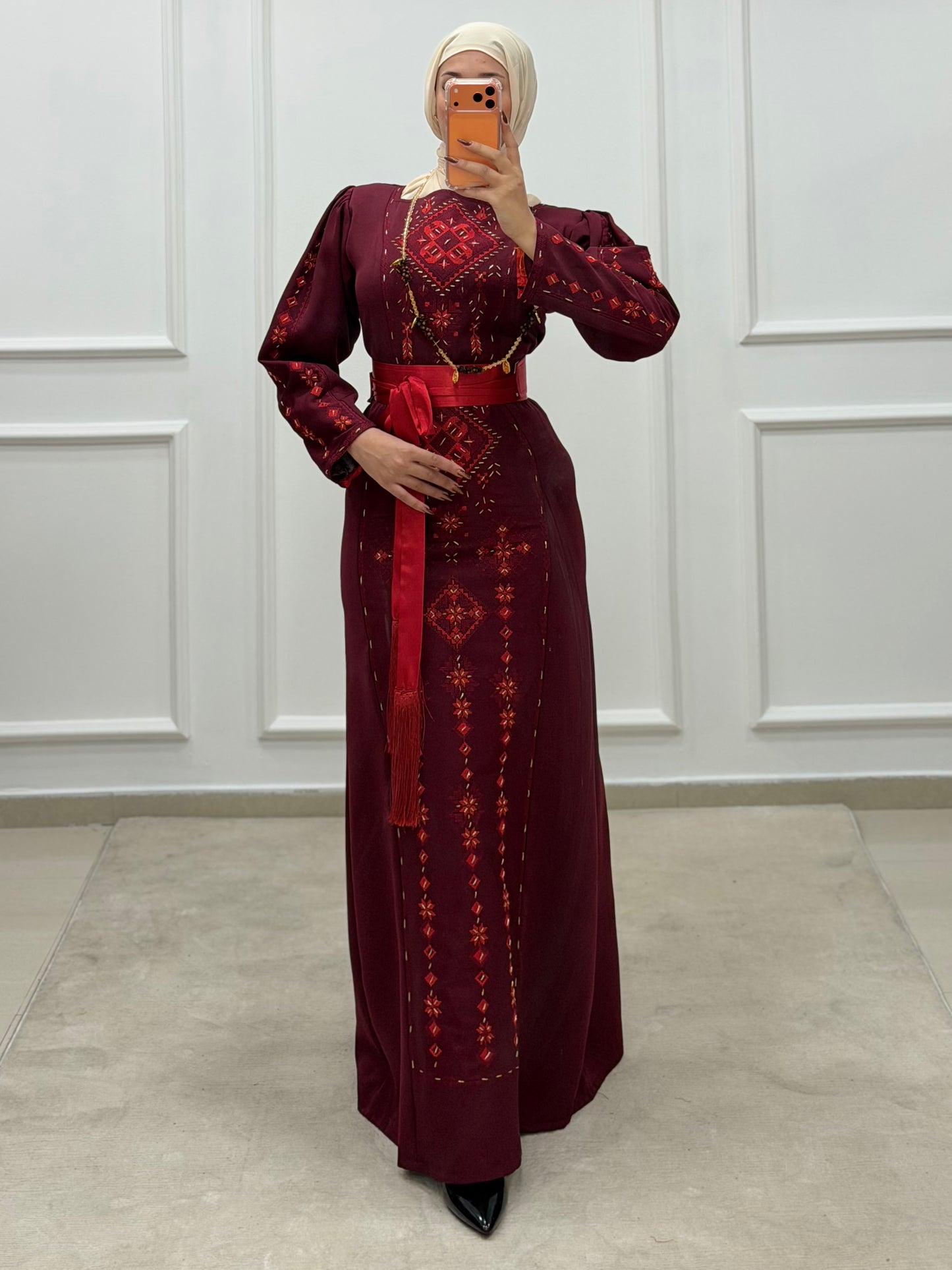 Hand-Beaded Thoub/Dress - Burgundy