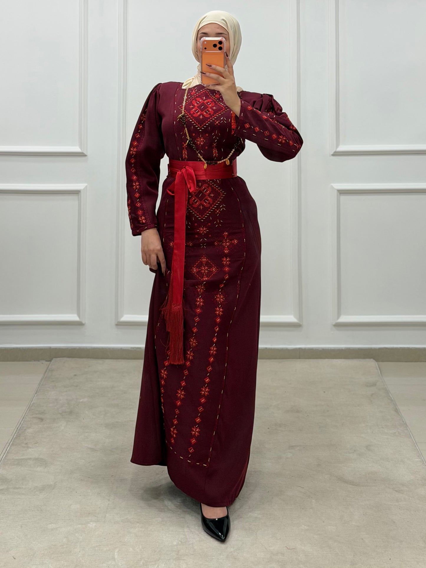 Hand-Beaded Thoub/Dress - Burgundy